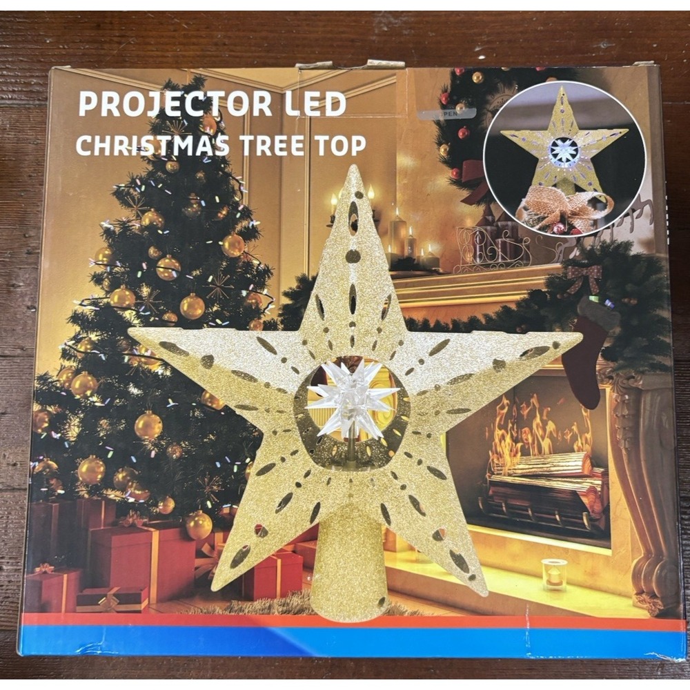 Projector LED Christmas Tree Top Gold‎ Star Snowfall Snowflakes Indoor Use Only